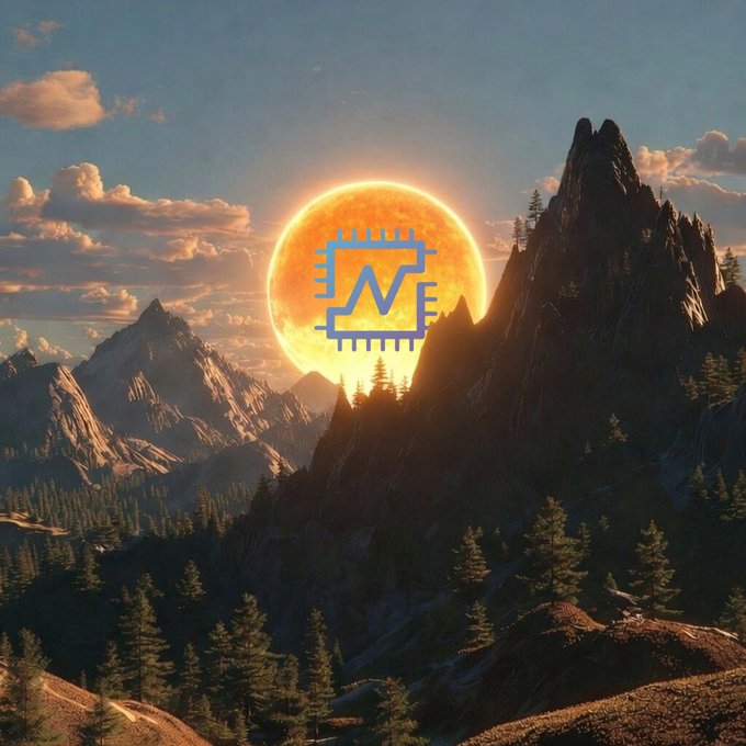A scenic digital artwork featuring a mountain landscape at sunset with a large glowing orange sun, overlaid with a blue microchip icon containing a graph symbol.
