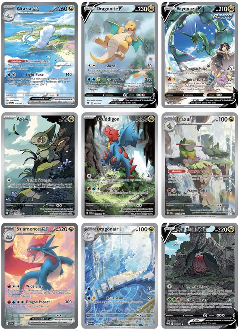 A grid of nine Pokémon TCG cards from the Surging Sparks set, including Altana ex, Dragonite V, Rayquaza V, Axew, Hydreigon, Exeguttor, Salamence ex, Dragonair, and Carbink V.