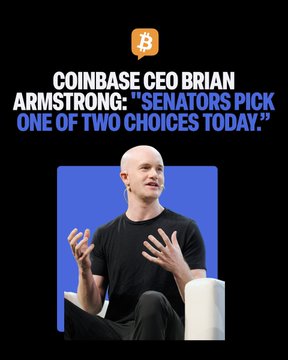 An image of Coinbase CEO Brian Armstrong gesturing while speaking, accompanied by the Bitcoin logo and the headline "COINBASE CEO BRIAN ARMSTRONG: 'SENATORS PICK ONE OF TWO CHOICES TODAY,'" which relates to the post about his statement urging senators to vote yes on the CLARITY Act to support U.S. innovation in finance and combat illicit activity.