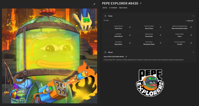 The image features an illustration of a cartoon character wearing a green suit with a yellow helmet that has a flame on top. The character appears to be a Peacock, which is a popular character from the Peacock Explorers video game series. The character is holding a gun and standing in front of a black background. The image also includes text that reads "Pepe Explorer #4435" and "Topics", as well as a logo for the Peacock Explorers game series, which is associated with the character Peacock.