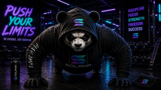 The image features a panda bear wearing a hoodie with the word "solana" written on it, standing on its hind legs and looking at the camera. The background of the image shows a gym setting with exercise equipment such as dumbbells and a bench press. The caption for the image reads: "gm. weekend liquidity is coming. time to touch grass, hit the gym, and stack more @solana ."
