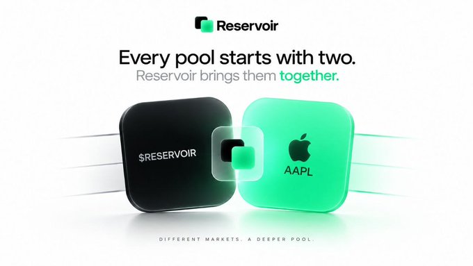 A Reservoir promotional graphic featuring two connected cube icons labeled '$RESERVOIR' and the Apple logo with 'AAPL', accompanied by the text 'Every pool starts with two. Reservoir brings them together.'