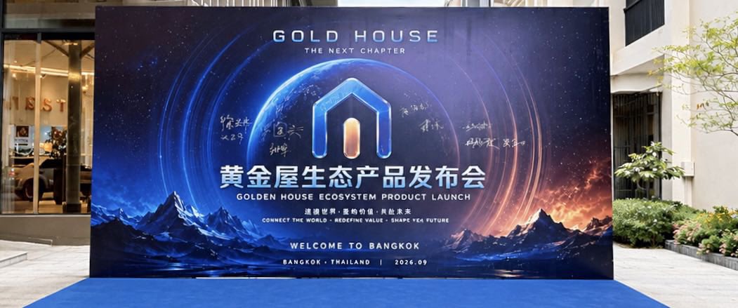 A promotional banner for 'GOLD HOUSE THE NEXT CHAPTER' and 'GOLDEN HOUSE ECOSYSTEM PRODUCT LAUNCH' featuring Chinese text, a house logo, and 'WELCOME TO BANGKOK BANGKOK · THAILAND | 2026.09'.