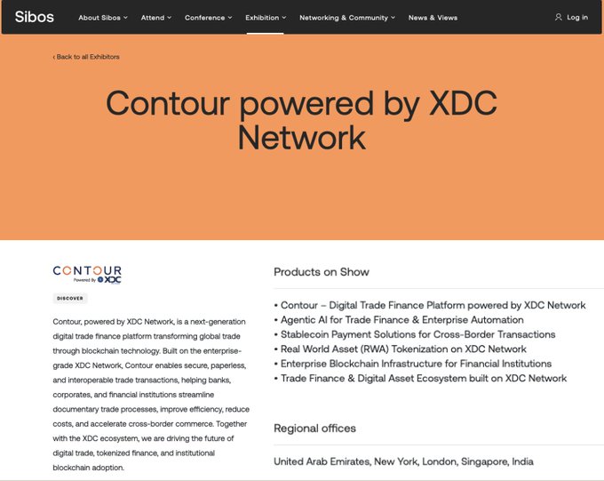 A screenshot of the Sibos website displaying an exhibitor page for 'Contour powered by XDC Network,' a digital trade finance platform, listing products like Stablecoin Payment Solutions and Real World Asset Tokenization.