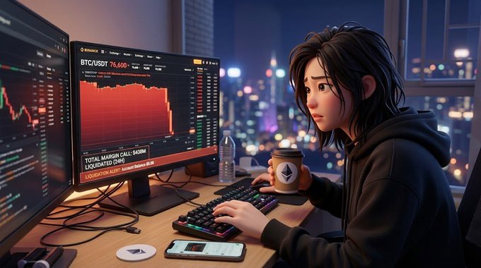 An anime-style illustration of a young woman in a dark hoodie intensely focused on a computer screen displaying a Bitcoin (BTC/USDT) trading chart with red downward trends, set against a night cityscape.