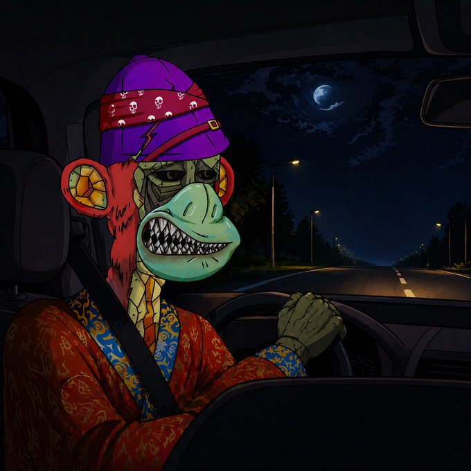 A colorful digital illustration depicts an anthropomorphic green monkey wearing a purple beanie with a skull-patterned bandana, driving a car down a nighttime road illuminated by streetlights under a crescent moon.