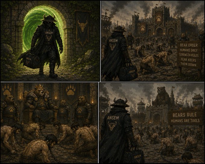 A four-panel dark fantasy artwork featuring a mysterious cloaked figure labeled 'ANSEM' interacting with a bear-dominated kingdom, with signs reading 'BEAR ORDER: HUMANS OBEY, STRENGTH RULES, FEAR KEEPS THEM DOWN' and 'BEARS RULE, HUMANS ARE TOOLS.'