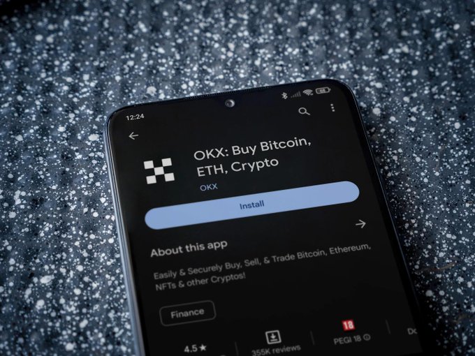 A smartphone displays the Google Play Store listing for 'OKX: Buy Bitcoin, ETH, Crypto', showing the Install button, a 4.5-star rating, and 355K reviews.