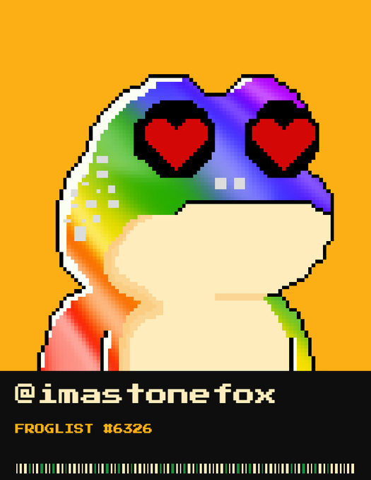 A pixel art image of a frog character with rainbow-colored hair and red heart eyes on an orange background, with the text '@imastonefox', 'FROGLIST 16326', and a barcode.