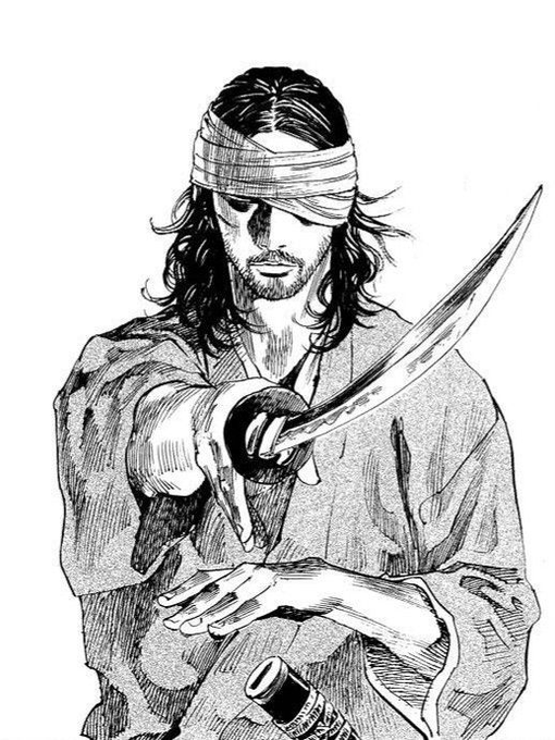 A black and white illustration of a blindfolded swordsman pointing his blade forward, evoking themes of loyalty, determination, and following conviction—a fitting visual to accompany the cheerful "Gm my friends" greeting.