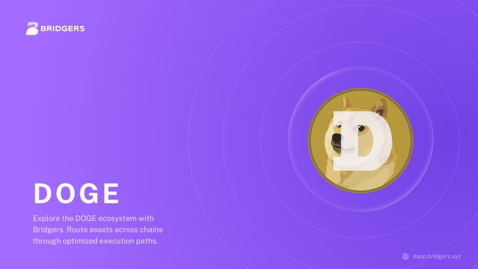 A purple promotional graphic for Bridgers featuring the DOGE cryptocurrency logo (a Shiba Inu dog with the letter D) and text reading 'DOGE - Explore the DOGE ecosystem with Bridgers. Route assets across chains through optimized execution paths.' with 'dapp.bridgers.xyz'.