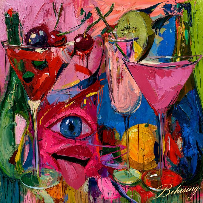 A vibrant, colorful expressionist painting featuring a martini glass with cherries, a pink cocktail glass with a kiwi slice, a bottle, and a large eye, signed 'Behrsing' in the bottom right corner.
