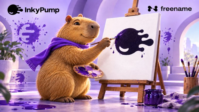 A promotional image for "InkyPump" by freename, featuring a cute capybara wearing a purple scarf painting the InkyPump logo on a canvas.
