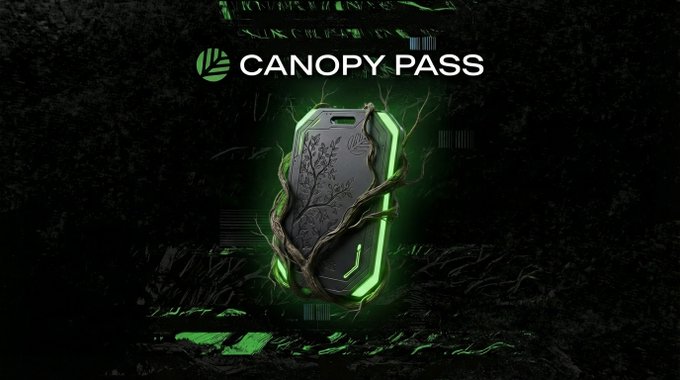 A promotional image for 'CANOPY PASS' featuring a glowing green dog tag with a tree branch design wrapped around it against a dark, textured background.