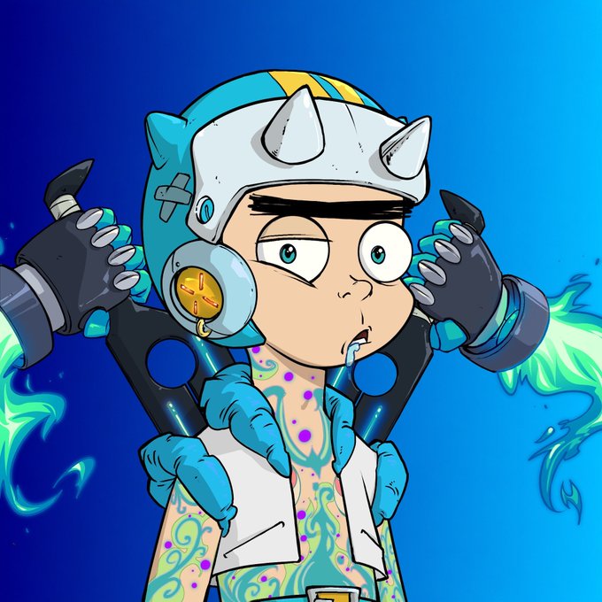 A cartoon illustration of a character wearing a spiked helmet and tech gear with blue flame-like hair, biting their lip against a blue background.