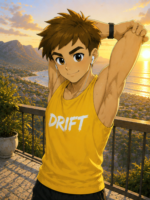 A cheerful young man in a yellow "DRIFT" tank top stretches his arms above his head against a stunning sunset coastal backdrop, perfectly capturing the relaxed, energized vibe of a "Good morning."