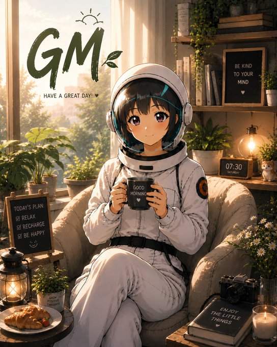 An anime-style illustration of a girl in an astronaut suit holding a mug that says 'GOOD MORNING', with text 'GM HAVE A GREAT DAY' and various wellness-themed signs like 'BE KIND TO YOUR MIND' and 'ENJOY THE LITTLE THINGS' in a cozy plant-filled room.