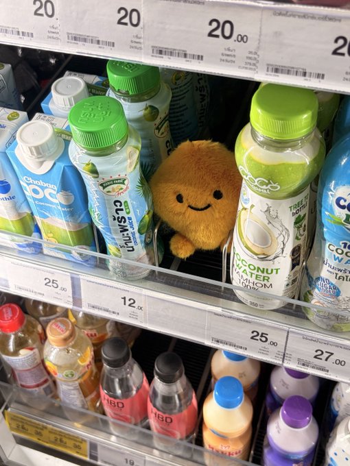 A convenience store shelf displaying various coconut water bottles, with a small fuzzy orange plush toy with a smiling face placed among the products.