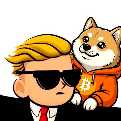 The image features a man wearing sunglasses, a red tie, and a suit jacket with an orange hoodie underneath. A dog is sitting next to him, both of them looking directly at the camera. The caption for this image reads "#NewProfilePic where my $DOG Community at?".