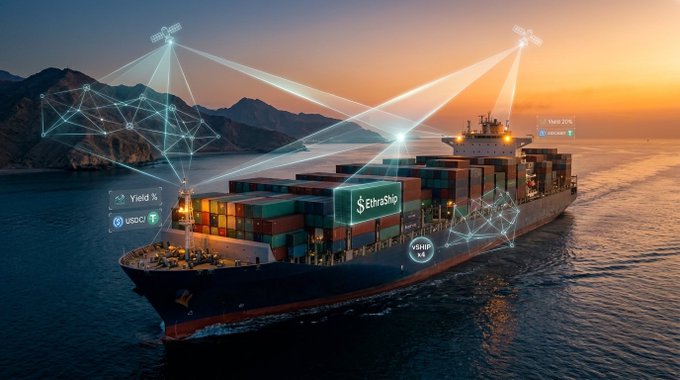 A container ship sailing on the ocean at sunset, overlaid with digital graphics including a network mesh, data points labeled like 'USCI' and 'Yield %', and the text '$EthnoShip'.