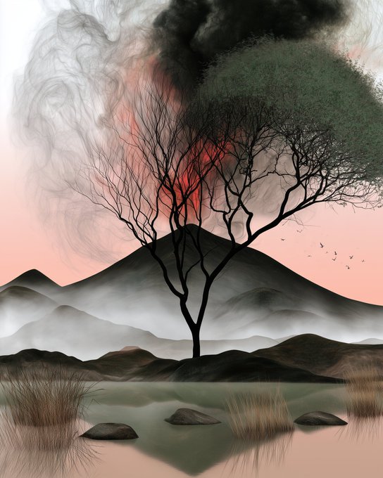 A moody digital artwork depicting a lone bare tree standing in water before a dark mountain, with swirling black smoke above blending into a pinkish sky.