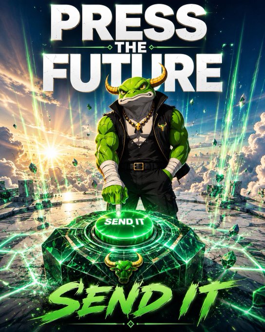 A muscular green bull-headed character in tactical gear presses a glowing green "SEND IT" button atop a crystalline platform, with the bold text "PRESS THE FUTURE" above and "SEND IT" emblazoned below, channeling the post's aggressive rallying cry against bearish doubters by visually commanding viewers to commit to a bullish crypto breakout.