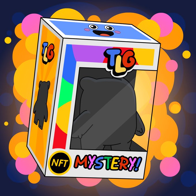 An NFT mystery box illustration featuring a TLG-branded package with a cute character face, labeled 'NFT MYSTERY!' against a colorful bokeh background.