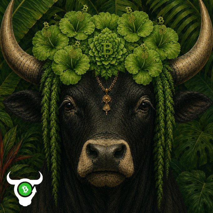 The image features a black bull with a green flower crown, surrounded by lush greenery such as palm trees and other plants. The bull's horns are adorned with flowers, adding an artistic touch to its appearance. In the background, there is text that reads "Bitcoin Cash paints it on-chain." This suggests that the image might be related to Bitcoin or cryptocurrency, possibly highlighting the connection between the bull's unique flower crown and the concept of digital currency.

The post also includes a reference to Frida, which could indicate that the artist who painted this scene is inspired by Frida Kahlo, another renowned Mexican painter known for her vibrant self-portraits. The combination of Frida's style with the colorful flowers on the bull's head creates an interesting and visually appealing contrast between nature and art.