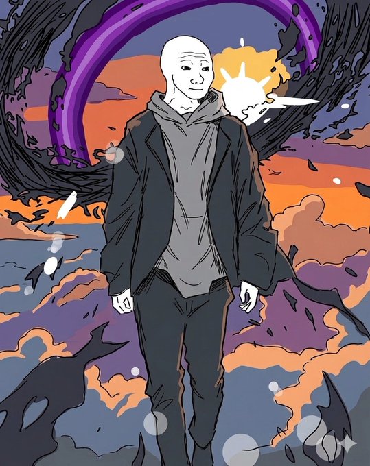 The image shows a "wojak" meme character—a bald, expressionless figure in a black jacket and gray hoodie—standing amid surreal, swirling purple and orange apocalyptic clouds. It complements the post's stoic "buy now or buy higher" message, embodying the calm, indifferent wojak persona often used in crypto trading humor to promote the $WOJAK token.