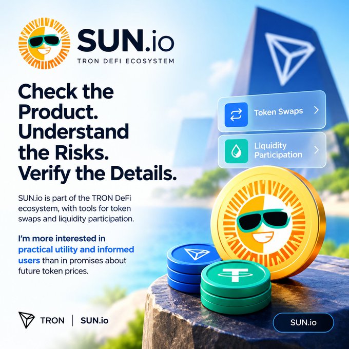 An advertisement for SUN.io, part of the TRON DeFi ecosystem, featuring a smiling sun wearing sunglasses and promoting Token Swaps and Liquidity Participation tools.