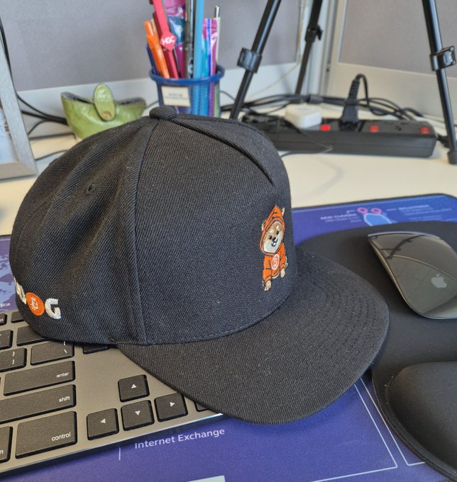 The image features a black baseball cap with an orange dog design, placed on top of a computer mouse pad. The caption below the photo reads "$DOG is with me even at work ... what a good oppty to educate!!!". This suggests that the hat might be used as a conversation starter or a way to promote awareness about dogs and their well-being in the workplace.