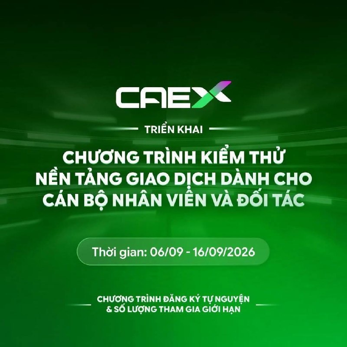 A green promotional graphic with the CAEX logo and Vietnamese text announcing a beta testing program from 06/09 - 16/09/2026, with limited volunteer registration.