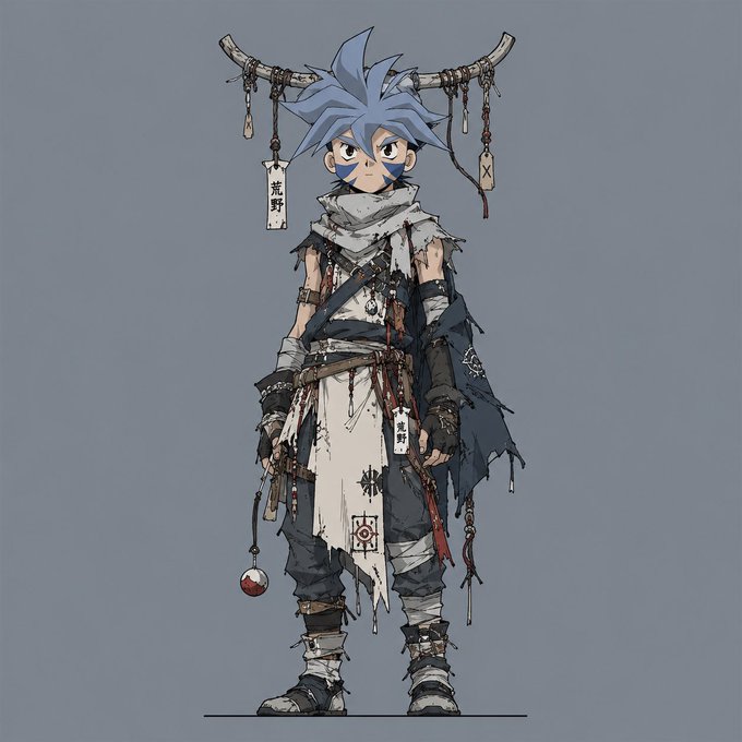 An anime-style illustration of a young warrior character with spiky light blue hair, horns, and tattered clothing adorned with talismans.