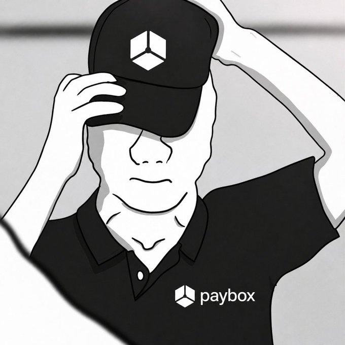 A black and white illustration of a person tipping a cap with the paybox logo, with the 'paybox' logo and name displayed at the bottom.