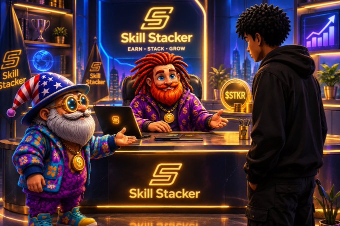 A digital illustration depicting a "Skill Stacker" ("EARN • STACK • GROW") crypto-themed scene where an older man in patriotic gear and a red-bearded man behind a desk gesture toward a younger person standing opposite them.