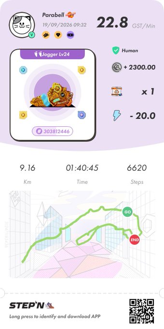 A STEPN app screenshot showing stats for 'Parabell' with 22.8 GST/Min earnings, +2300.00, 9.16 Km walked, and 01:40:45 time, featuring a map of the journey.