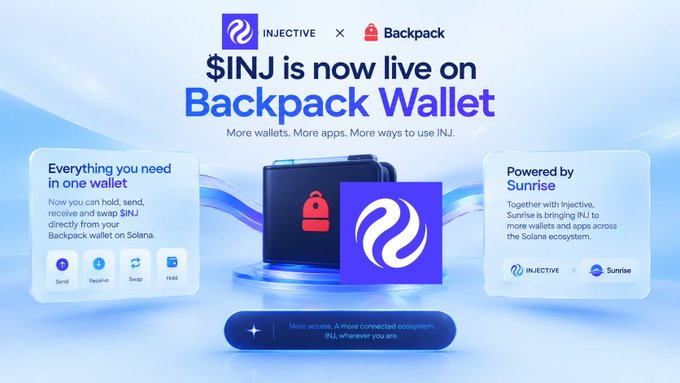 A promotional graphic announces '$INJ is now live on Backpack Wallet' in partnership with Injective and Sunrise, featuring details about wallet features and the Solana ecosystem.