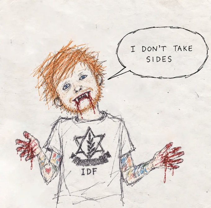 A hand-drawn illustration depicts a figure with orange hair, blood dripping from his mouth and bloodied hands, wearing an IDF t-shirt with a speech bubble saying 'I don't take sides'.