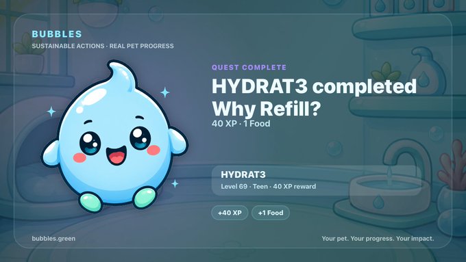A game-like screen showing 'BUBBLES - SUSTAINABLE ACTIONS · REAL PET PROGRESS' with a cute blue water droplet character completing a 'HYDRAT3' quest titled 'Why Refill?' for 40 XP and 1 Food reward.