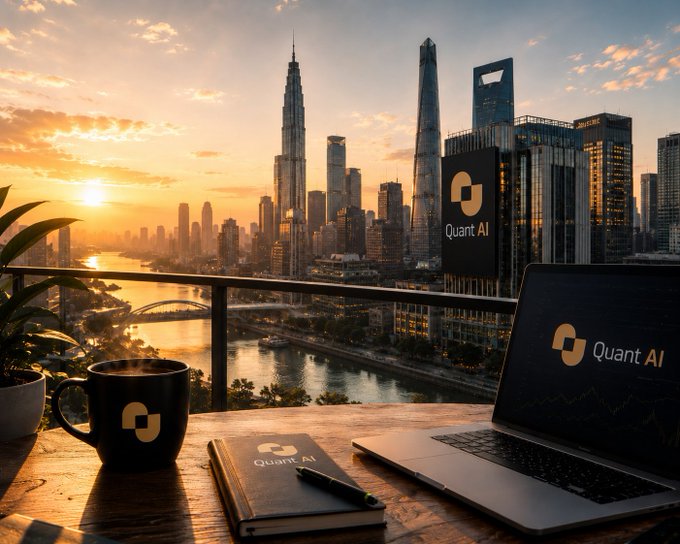 The image shows a laptop computer sitting on top of a wooden desk, with a black coffee cup next to it. The background features a city skyline at sunset, which adds an artistic touch to the scene. The text "GM Quant AI Fam! The future of trading is being built today." suggests that this image might be related to a post about investing or financial markets.