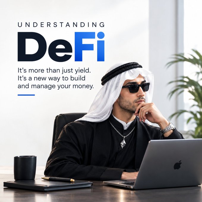 A man in traditional Arab attire sits at a desk with a laptop, accompanied by the text 'UNDERSTANDING DeFi - It's more than just yield. It's a new way to build and manage your money.'