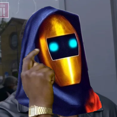 A person wearing a gold helmet with glowing cyan eyes covered by a dark blue hood, posing with their hand near their face while wearing a gold watch.