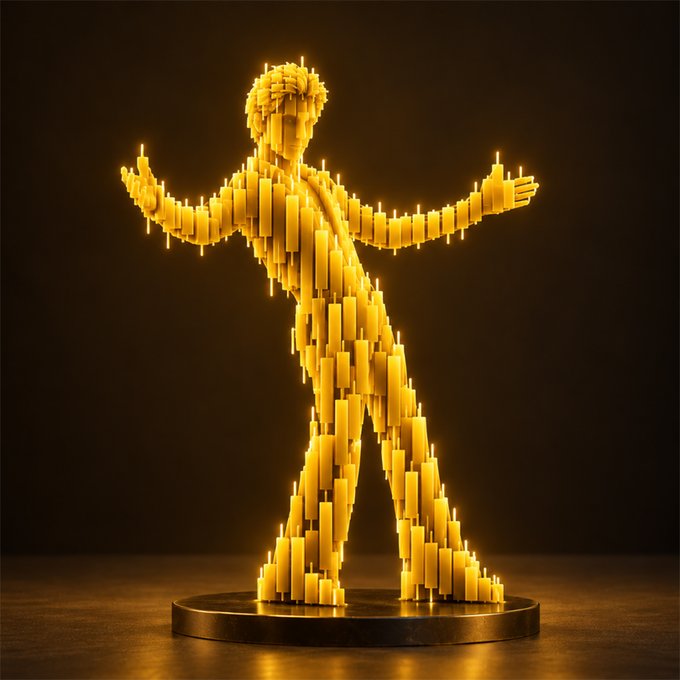 A striking sculpture of a dancing figure, composed entirely of glowing yellow candle-like rods, stands illuminated against a dark background, evoking a dramatic stage performance. The image captures the theatrical energy and flair of Bollywood, complementing the post's reference to rallies with the playful use of "Senorita."