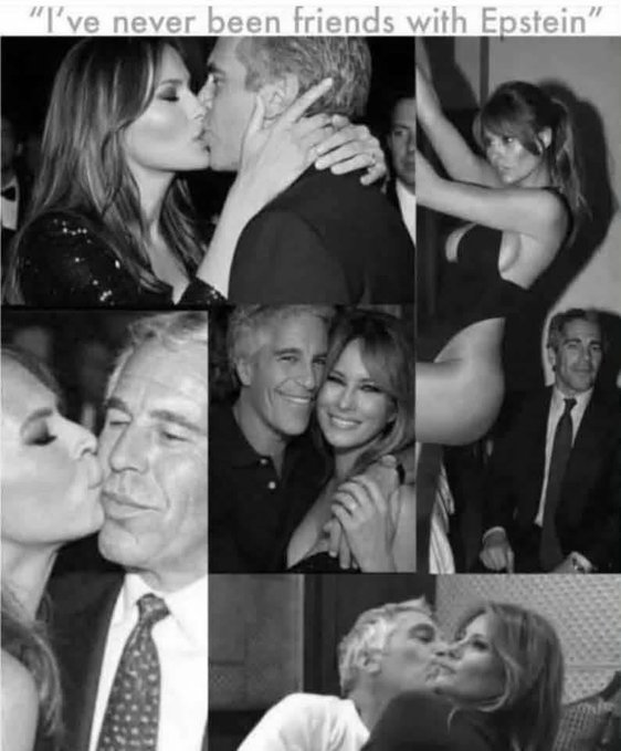 A black-and-white photo collage shows a blonde man kissing various women in different settings, with text at the top reading, "I've never been friends with Epstein." The accompanying post's phrase "Keep talking, keep sharing" appears to encourage spreading the meme, which uses the juxtaposition of intimate images with the denial quote to imply the statement is false, seemingly referencing Melania Trump's past associations with Jeffrey Epstein.