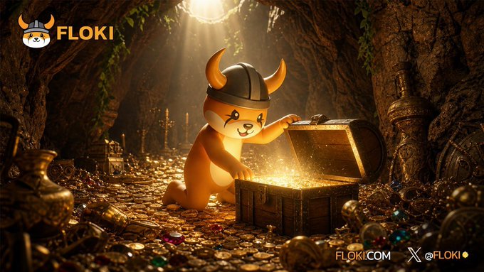 A promotional image for FLOKI showing a Shiba Inu dog wearing a Viking helmet discovering a glowing treasure chest in a cave filled with gold.