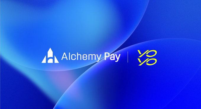 A blue promotional graphic featuring the 'Alchemy Pay' logo next to a yellow stylized 'YB' monogram.