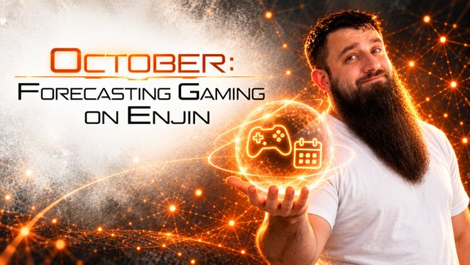 A promotional graphic featuring a bearded man holding a glowing orb with gaming icons, alongside the text 'October: Forecasting Gaming on Enjin' against a fiery orange and dark background.