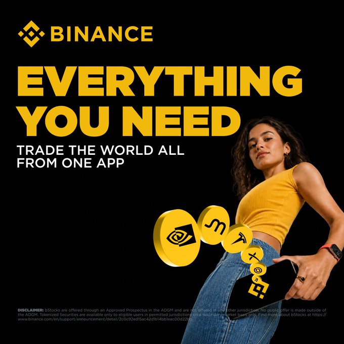 A Binance promotional image with the headline "EVERYTHING YOU NEED" and subtext "TRADE THE WORLD ALL FROM ONE APP," showing a woman in a yellow top holding a phone with golden cryptocurrency coins floating upward from it, visually reinforcing the post's message of managing crypto and stock assets in one integrated platform.