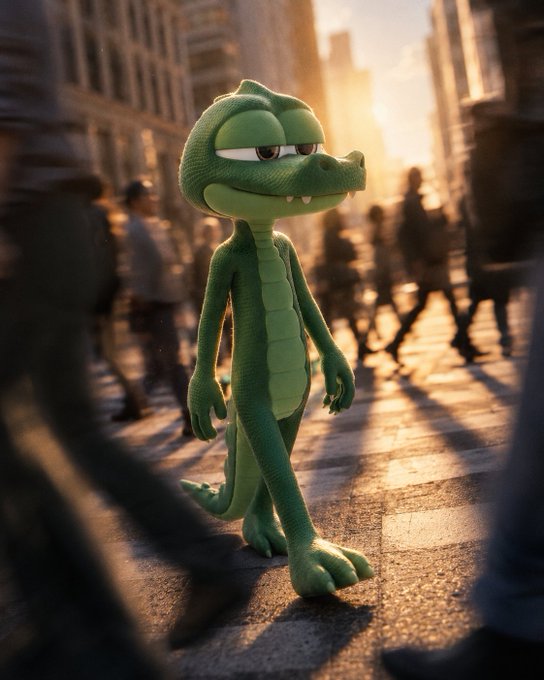 A 3D-rendered cartoon alligator stands on a sunlit city street, surrounded by the blurred silhouettes of walking pedestrians.