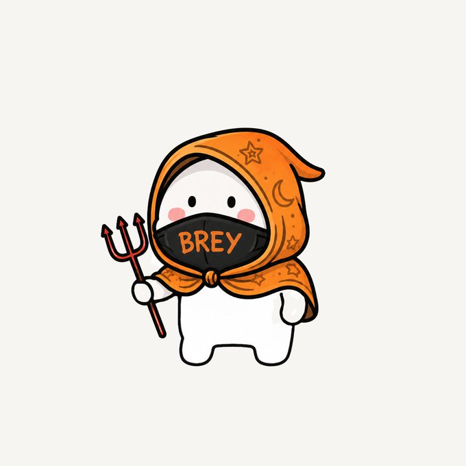 A cute white cartoon character wearing an orange hooded cloak with stars and moons holds a red devil pitchfork, with a black face mask displaying the text "BREY." The image relates to the post by serving as a mascot or branding element celebrating Gloob's NFT season launch, with the post expressing support for the project and its community.